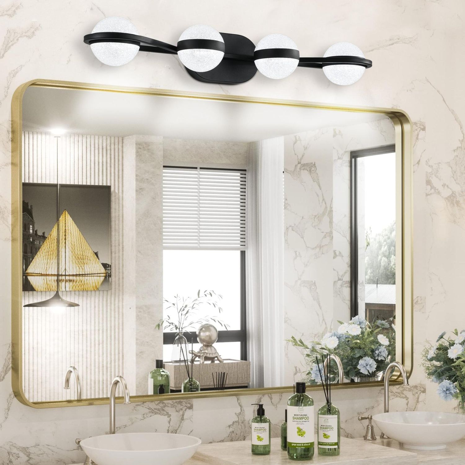 Modern Minimalist Bathroom Vanity Light, LED 4 Bulb Frosted Glass Shades, Wall
