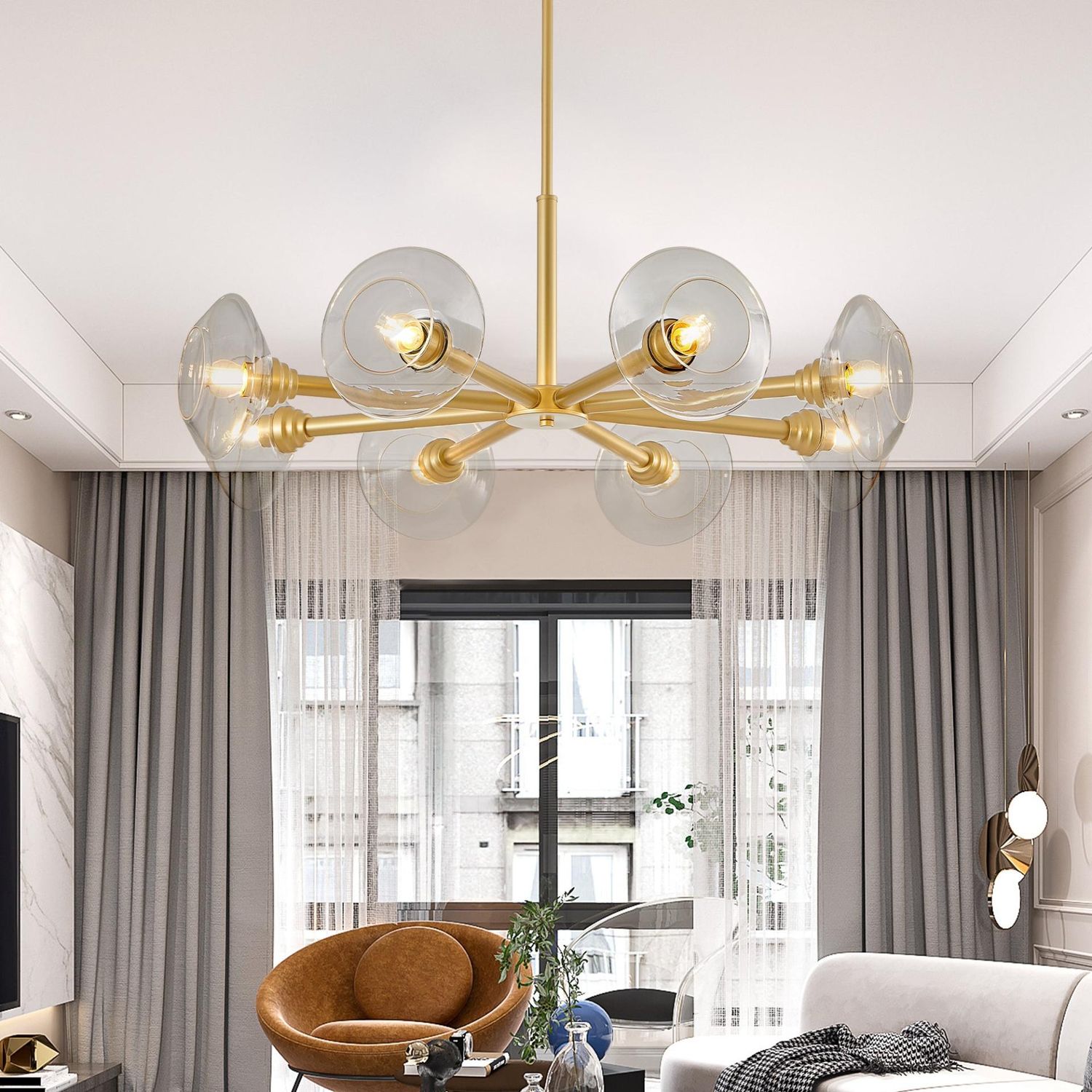 Modern Gold 8-Light Sputnik Chandelier with Clear Glass Shades, Mid-Century