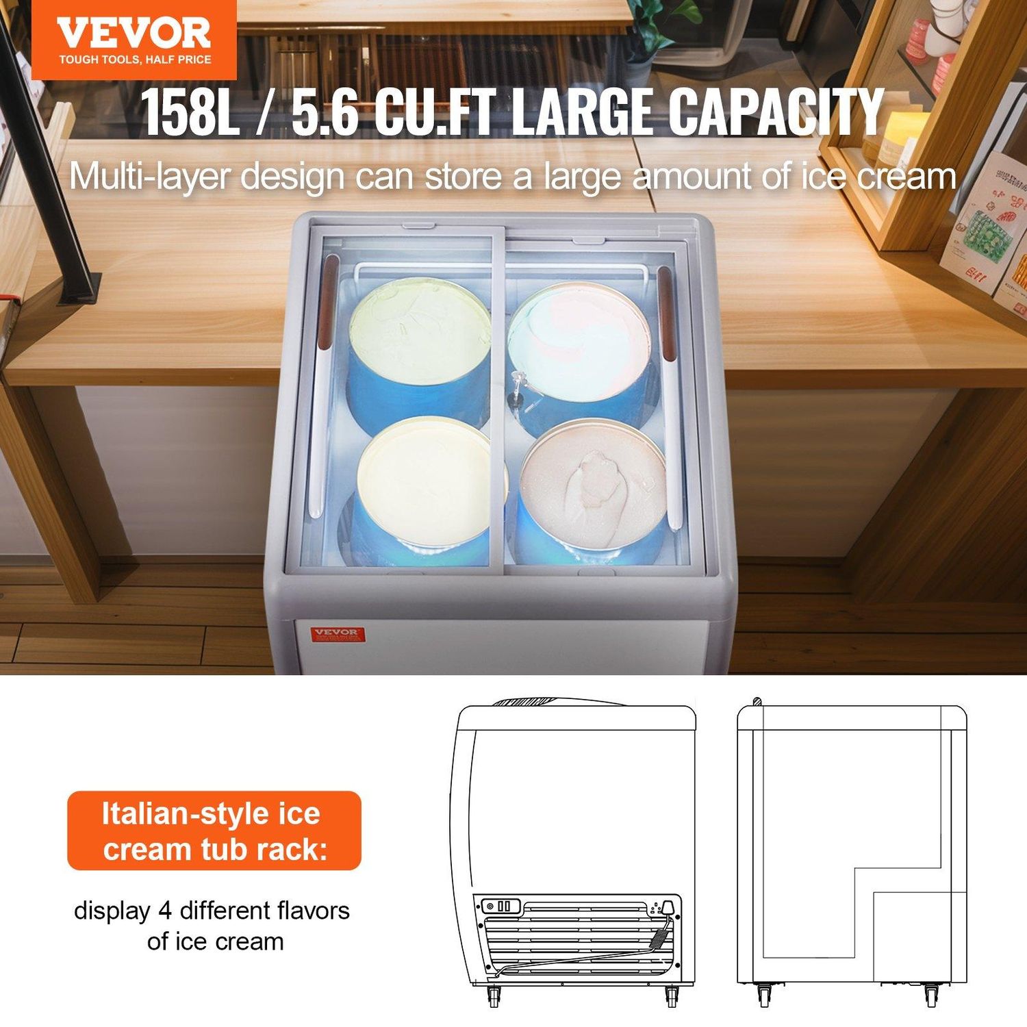 VEVOR Commercial Ice Cream Display Case, 5.6 Cu.ft Chest Freezer, Mobile Glass