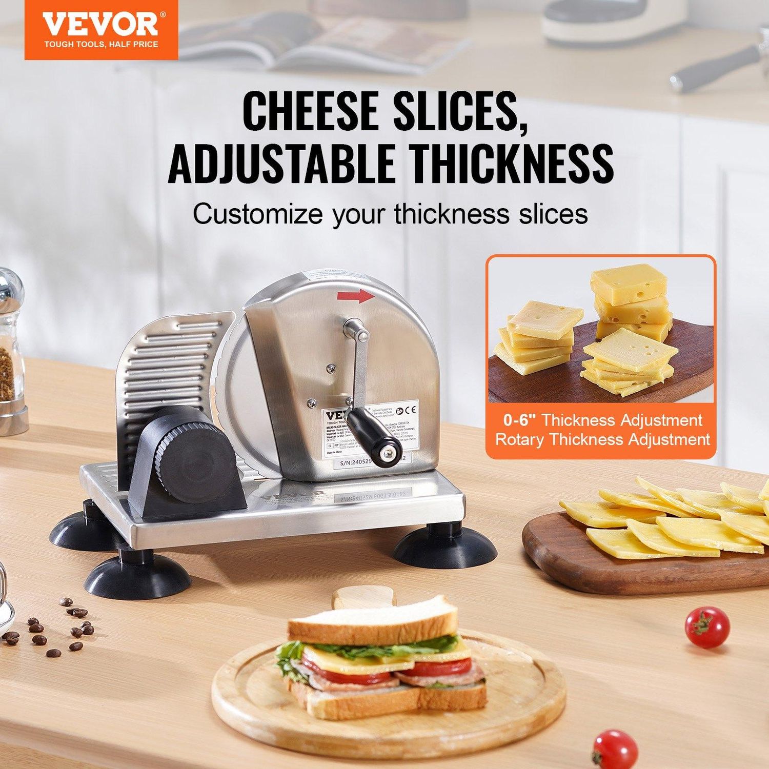 VEVOR Manual Bread Slicer, 0-6&quot; Adjustable Thickness Cheeser Butter Cutting