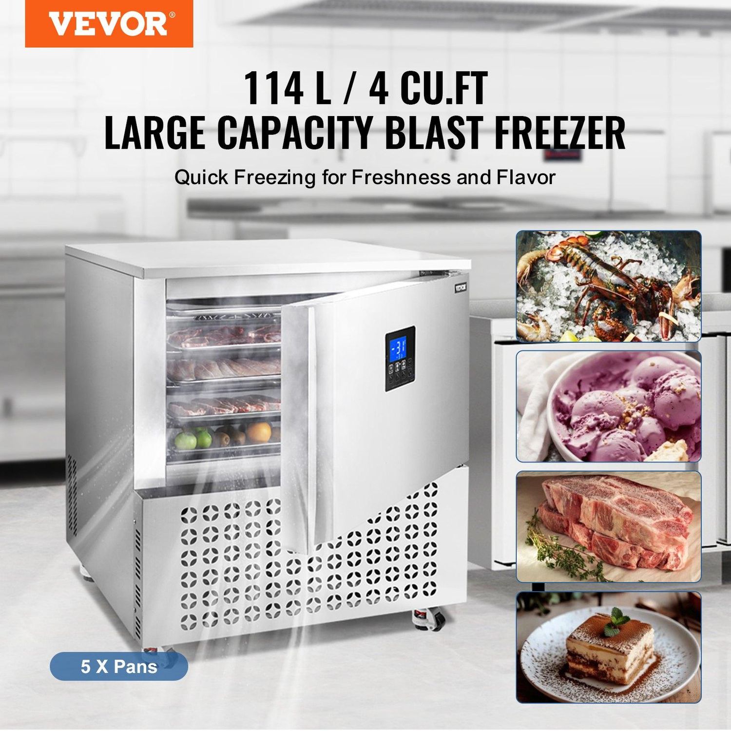 VEVOR Commercial Blast Freezer, 114 L / 4 Cu.ft Blast Chiller with 5 Trays