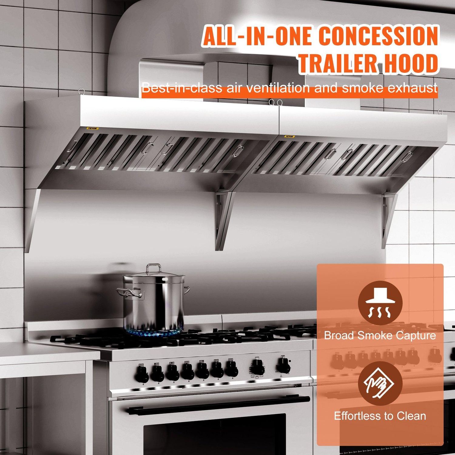 VEVOR Commercial Exhaust Hood, 8FT Food Truck Hood Exhaust, 201 Stainless Steel