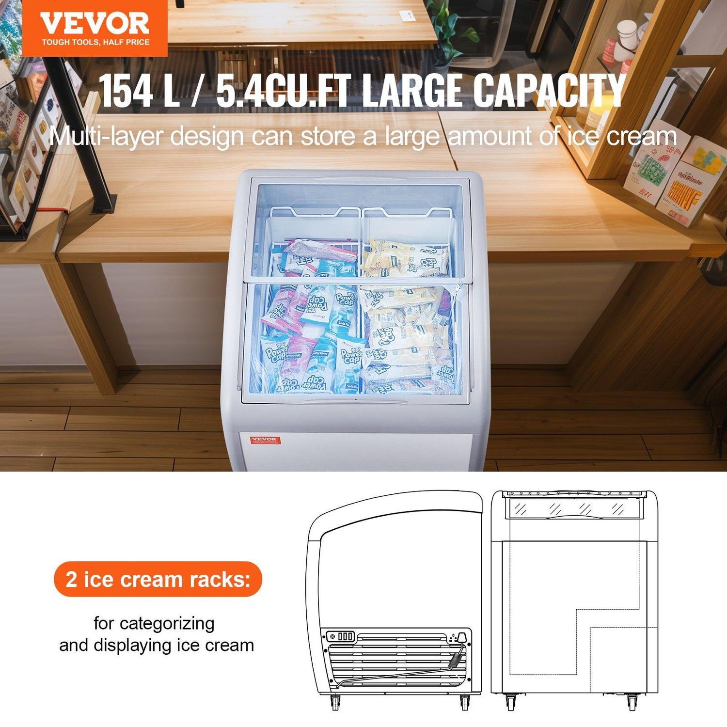 VEVOR Commercial Ice Cream Display Case, 5.4 Cu.ft Chest Freezer, Mobile Glass