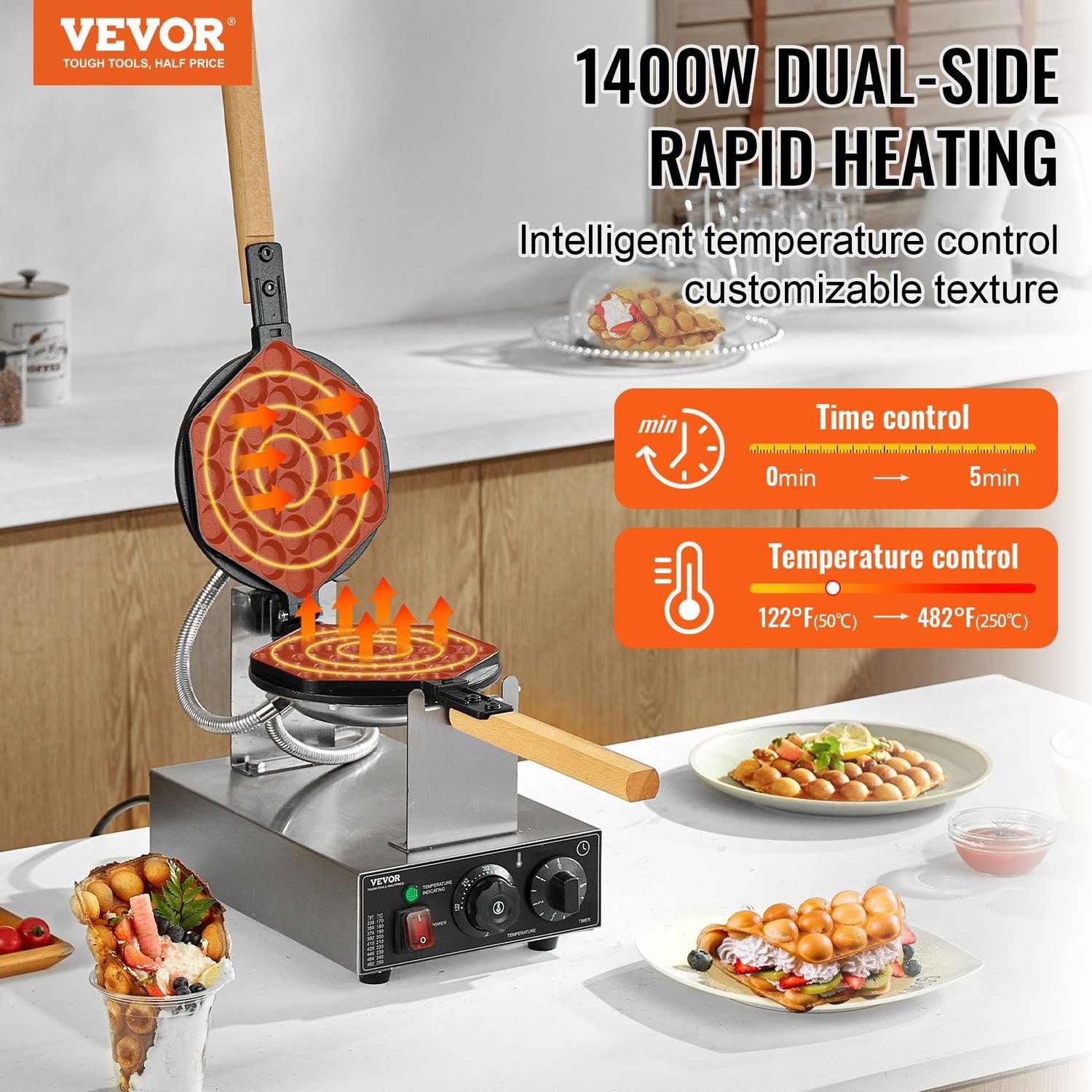 VEVOR Commercial Bubble Waffle Maker, 1400W Egg Pancake Baker Machine, Non-Stick