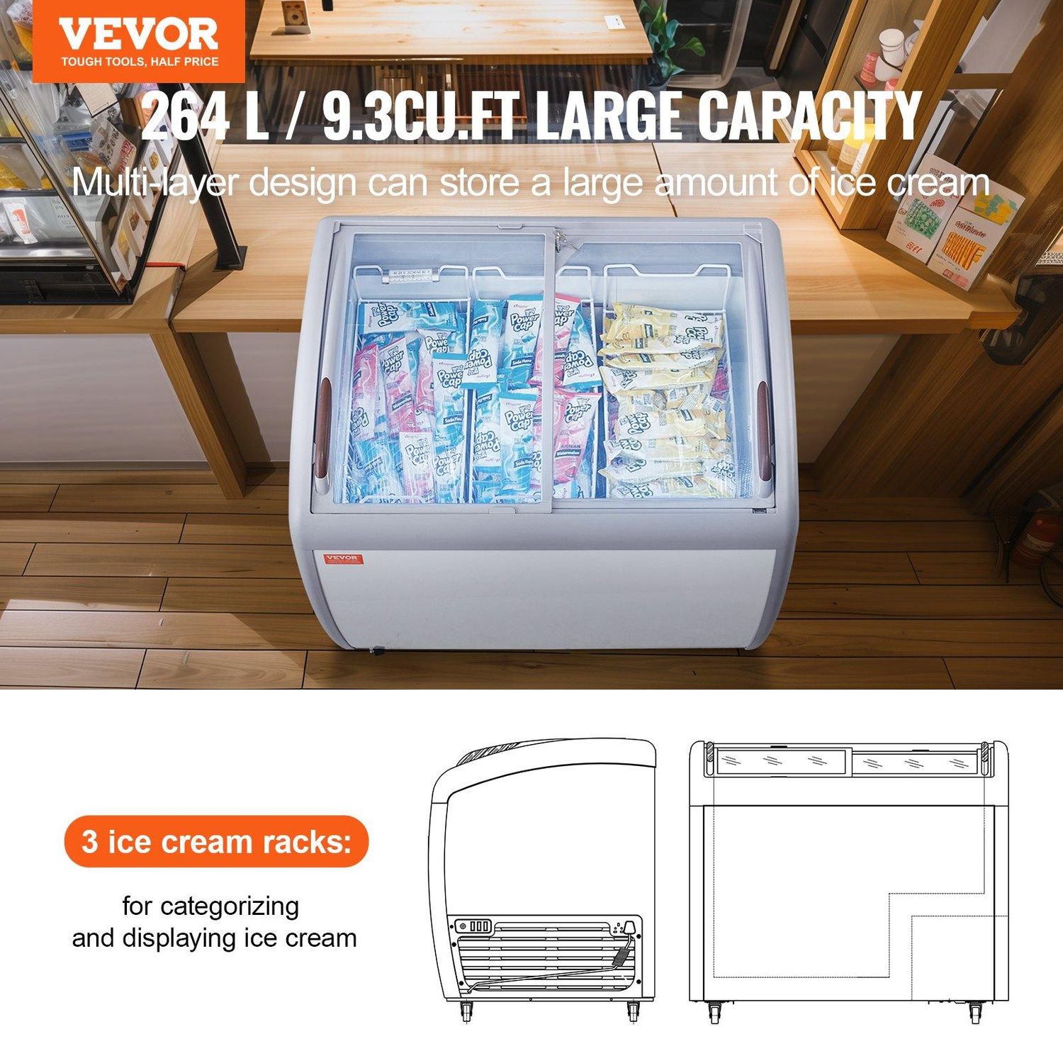 VEVOR Commercial Ice Cream Display Case, 9.3 Cu.ft Chest Freezer, Mobile Glass
