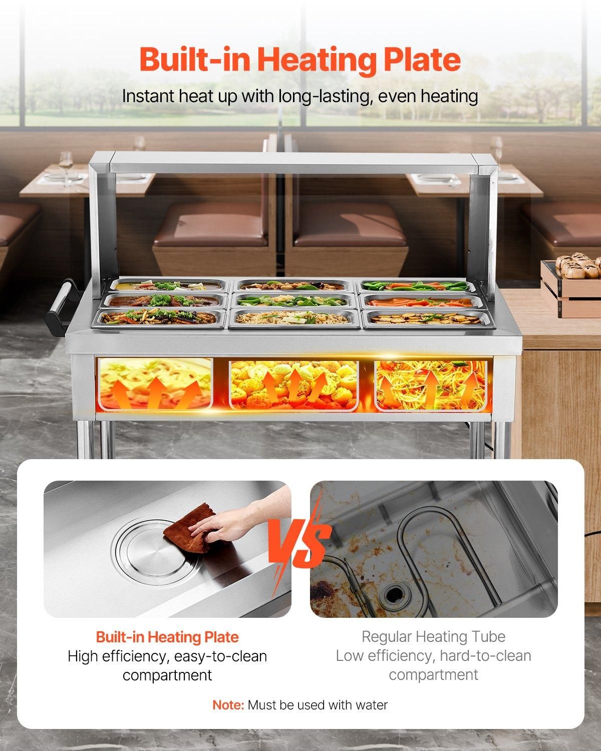 VEVOR 9-Pan Commercial Food Warmer, 9 x 1/3 Pans Electric Steam Table, 1500W