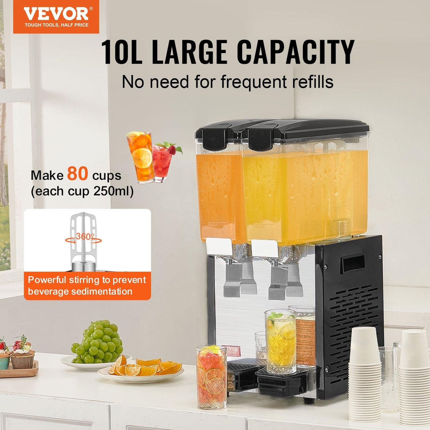 VEVOR Commercial Beverage Dispenser, 2 Tanks 10 L / 10.6 QT Per Tank Juice