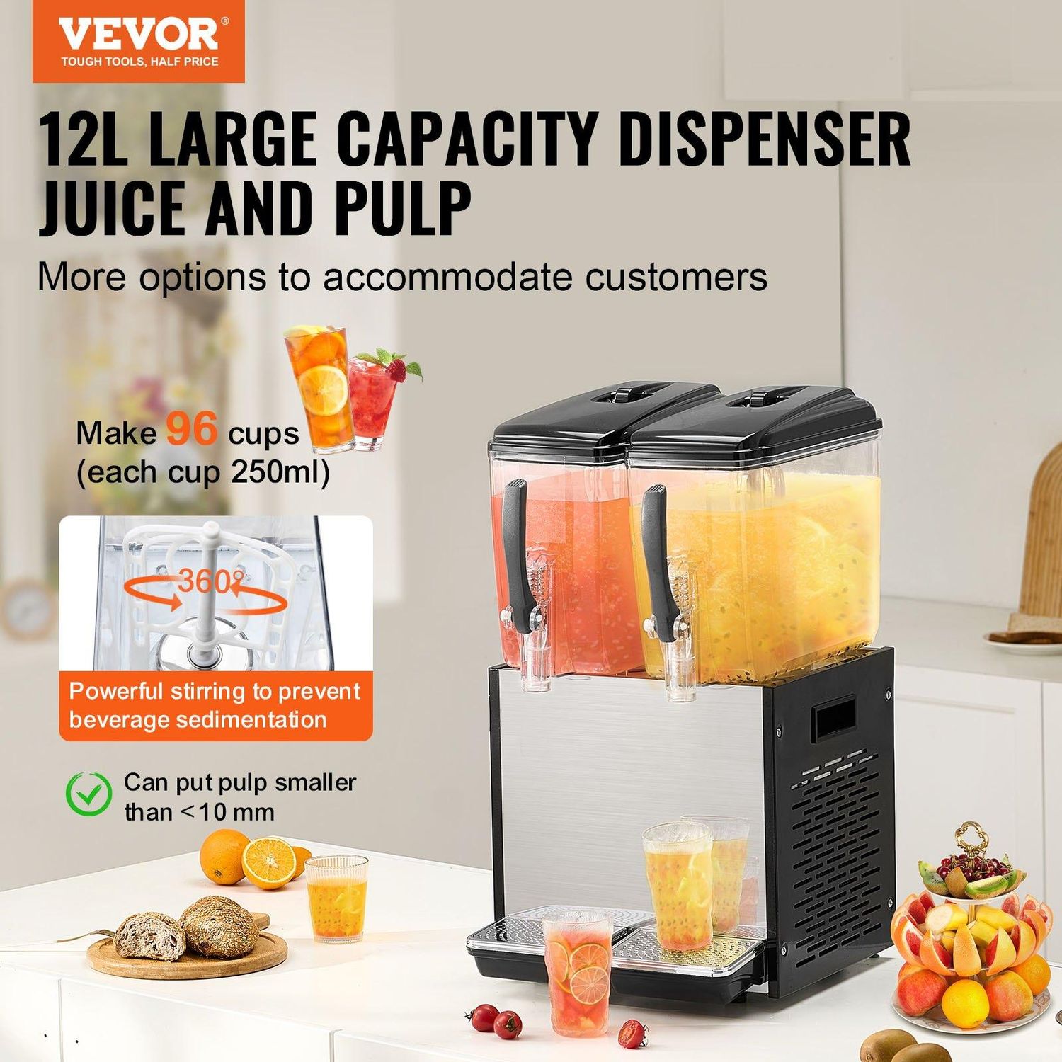 VEVOR Commercial Beverage Dispenser, 2 Tanks 12 L / 12.7 QT Per Tank Juice