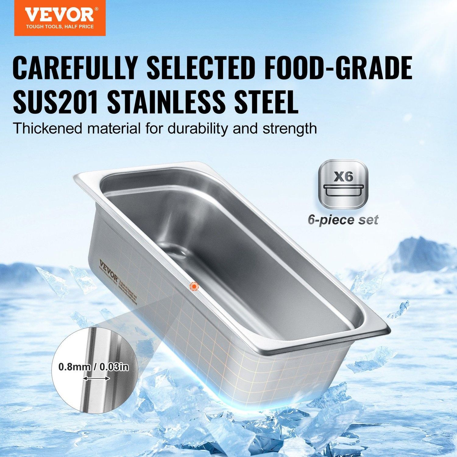 VEVOR 6 Pack Hotel Pans, 1/3 Size Anti-Jam Steam Pan, 0.8mm Thick Stainless