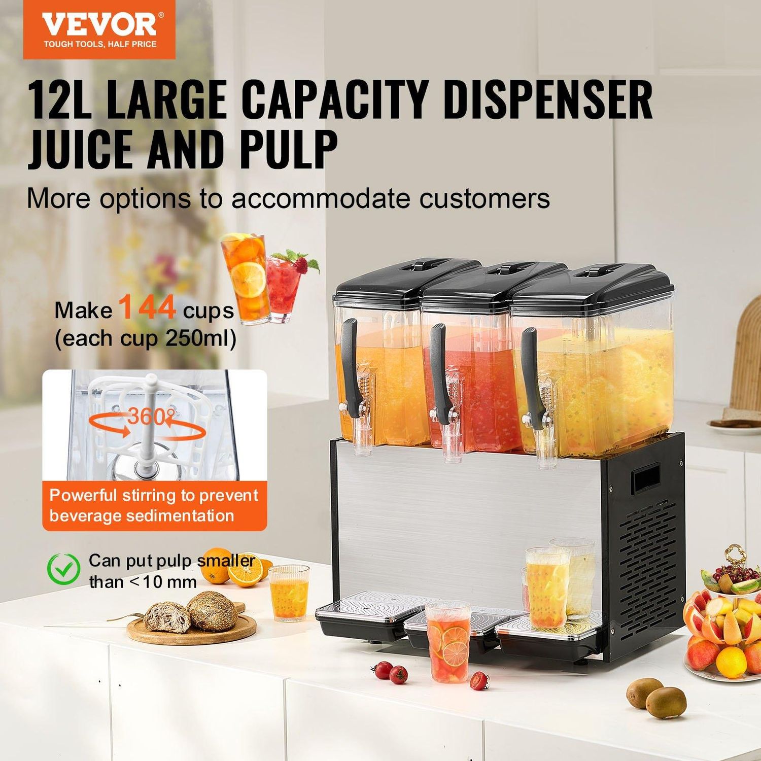 VEVOR Commercial Beverage Dispenser, 3 Tanks 12 L / 12.7 QT Per Tank Juice