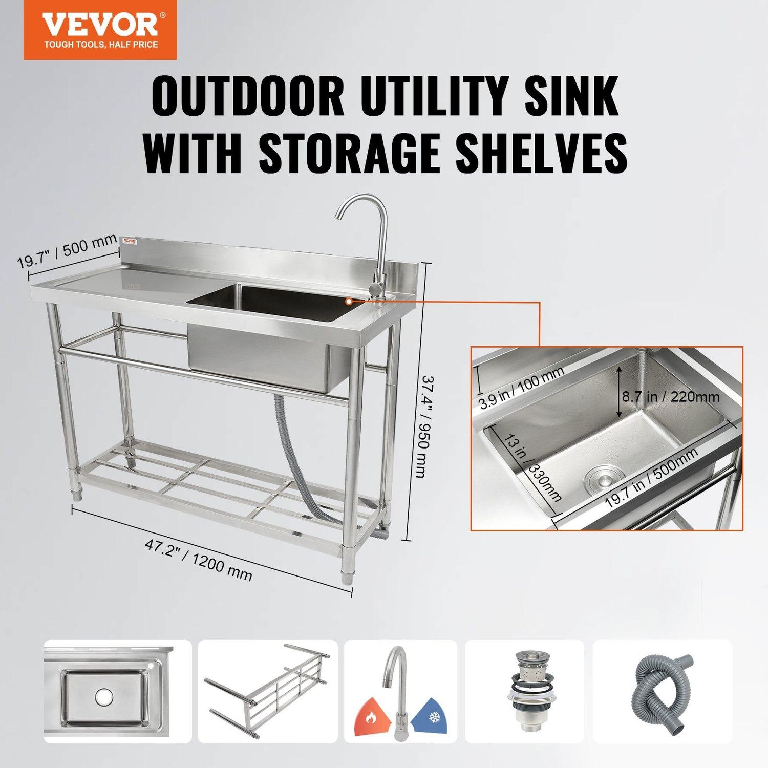 VEVOR Stainless Steel Utility Sink, 1 Compartment Free Standing Small Sink