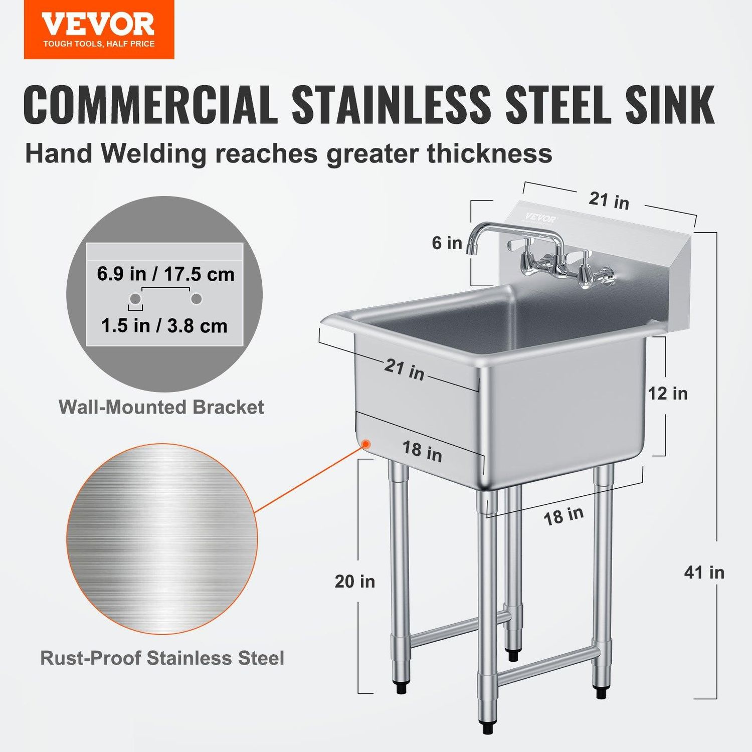 VEVOR Stainless Steel Prep &amp; Utility Sink, 1 Compartment Free Standing Small, Sink Size: 21 x 41 inch