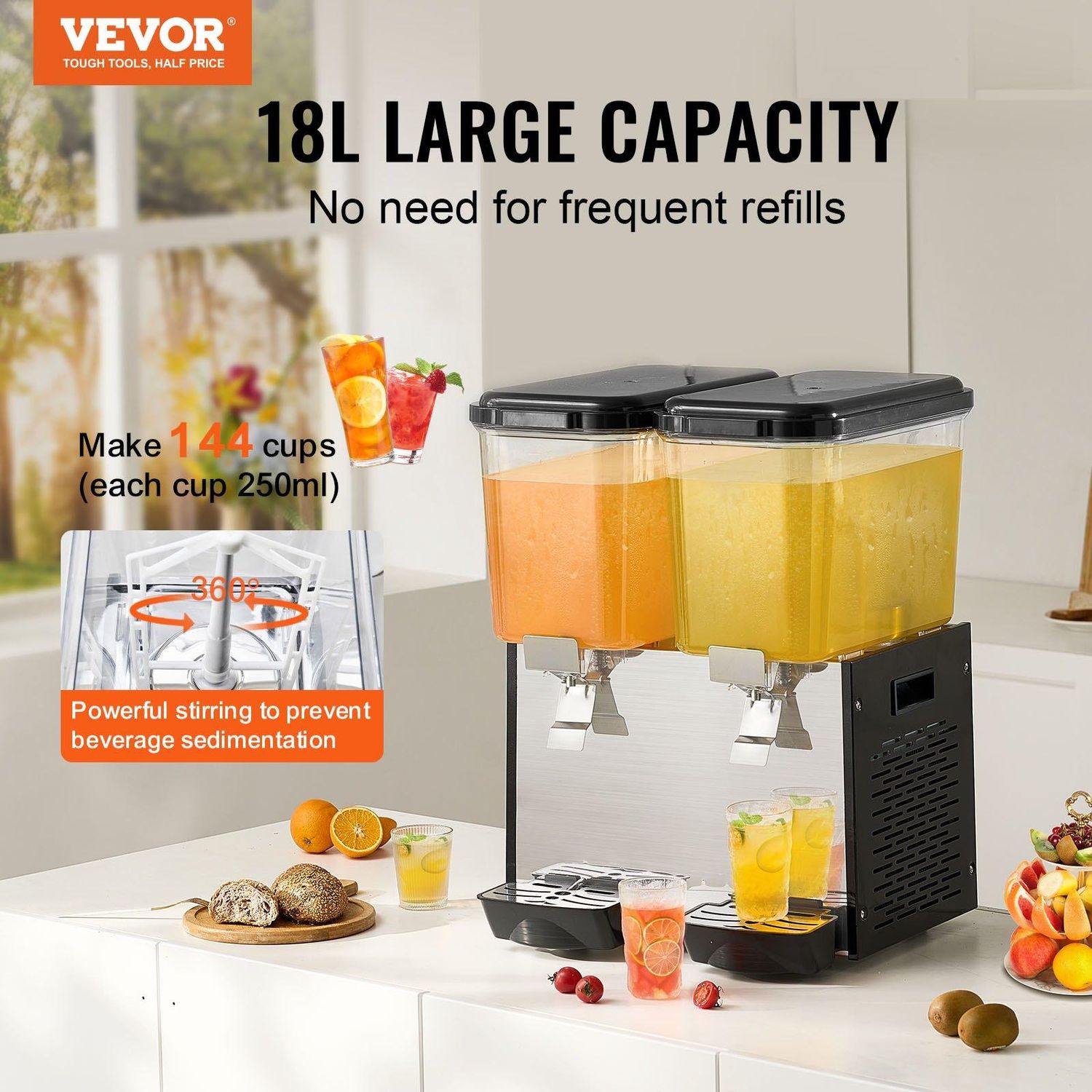 VEVOR Commercial Beverage Dispenser, 2 Tanks 18 L / 19 QT Per Tank Juice