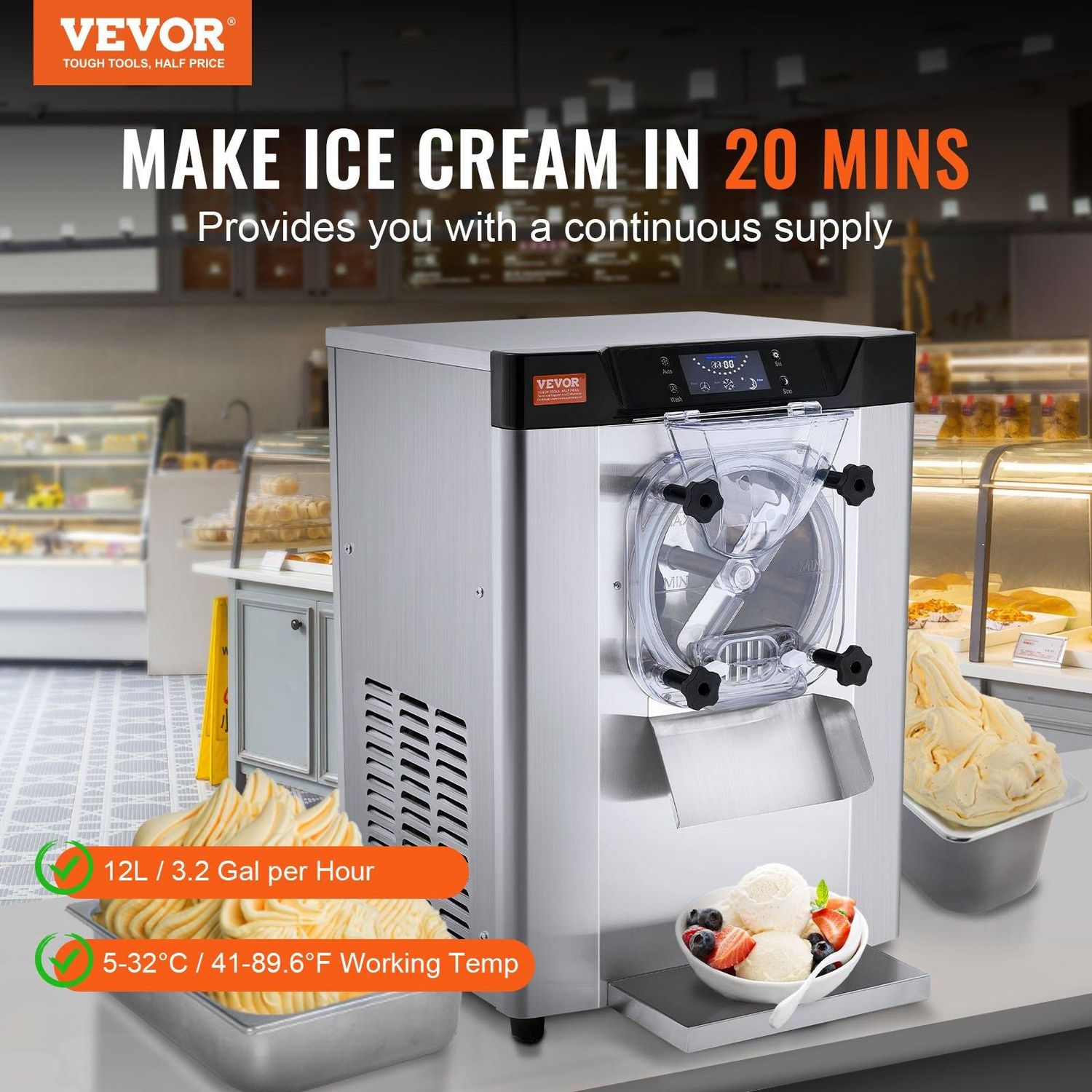 VEVOR Commercial Ice Cream Machine, 12 L/H Yield, 1713W Single Flavor Countertop