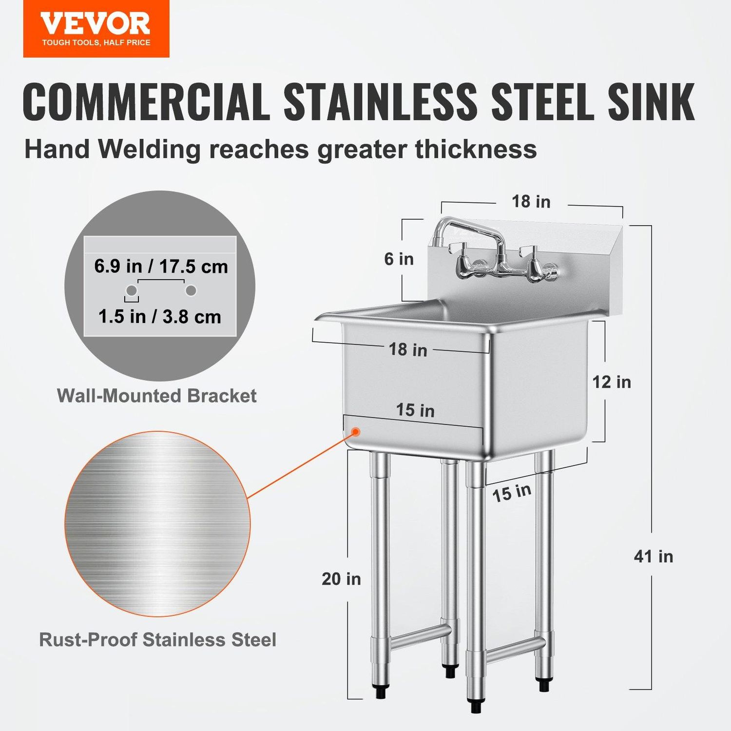 VEVOR Stainless Steel Prep &amp; Utility Sink, 1 Compartment Free Standing Small, Sink Size: 18 x 41 inch