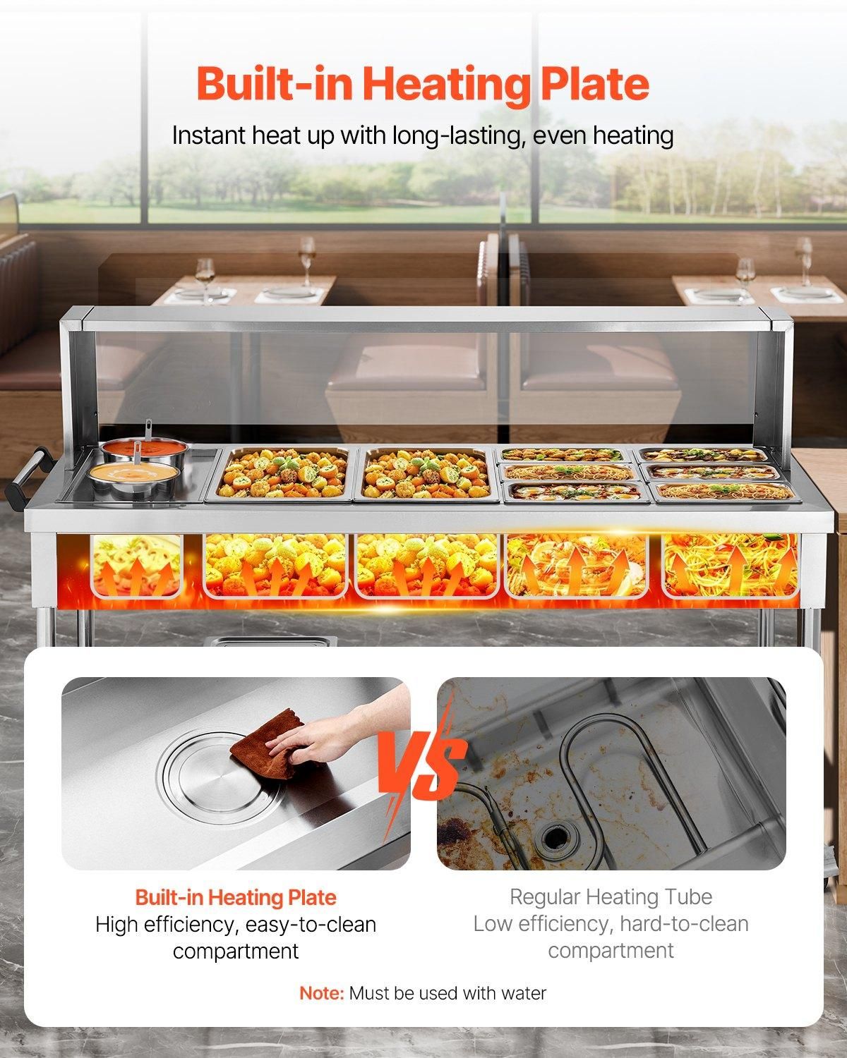 VEVOR Commercial Food Warmer, 8 Pans + 2 Pots Electric Steam Table, 1800W, Serving Tray Set: 2x1/1 Pans+6x1/3 Pans+2 Soup Pots