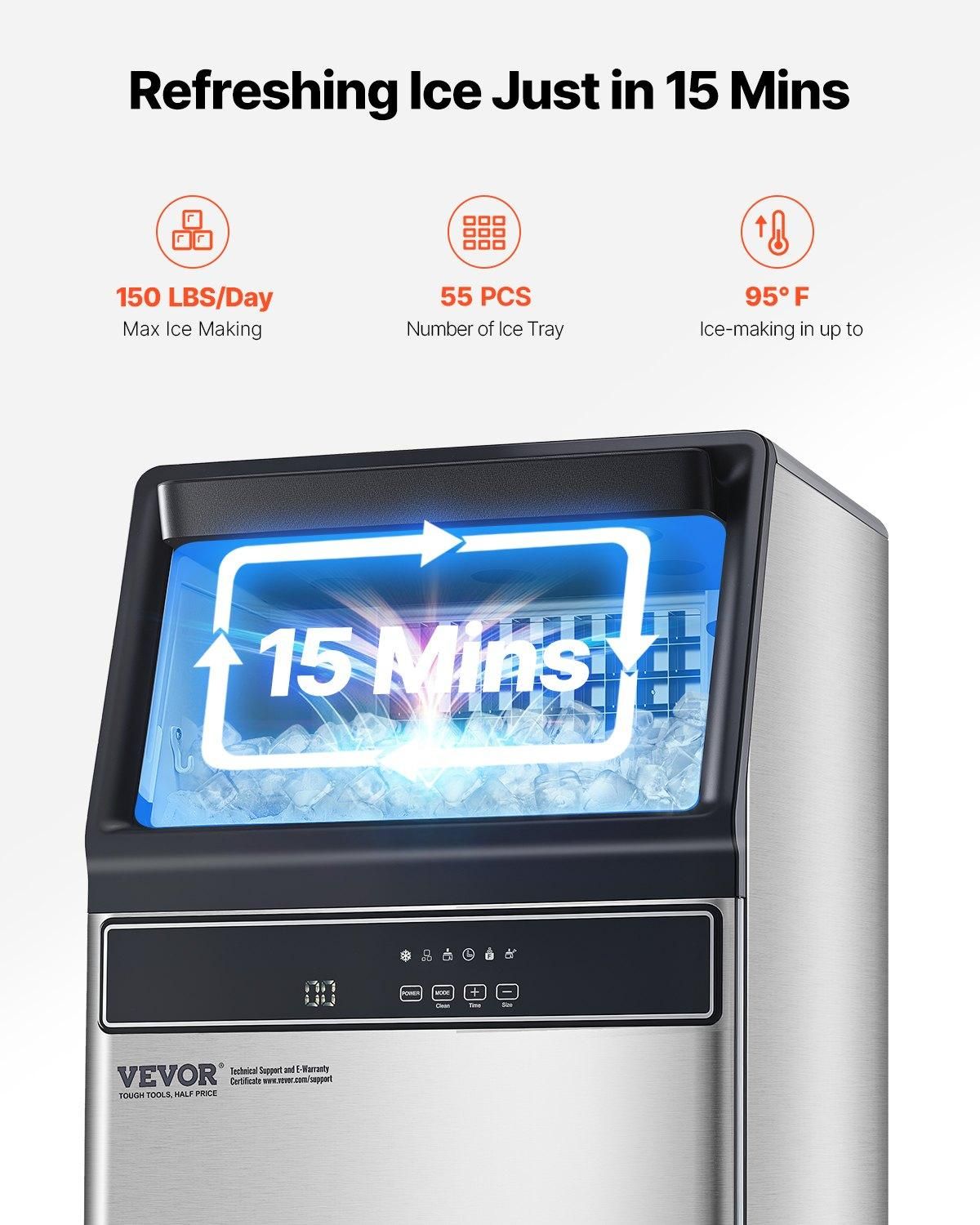 VEVOR 150lbs/24H Commercial Ice Maker, 55 Ice Cubes in 15 Minutes, Freestanding, Ice Making Capacity: 150lbs/24h