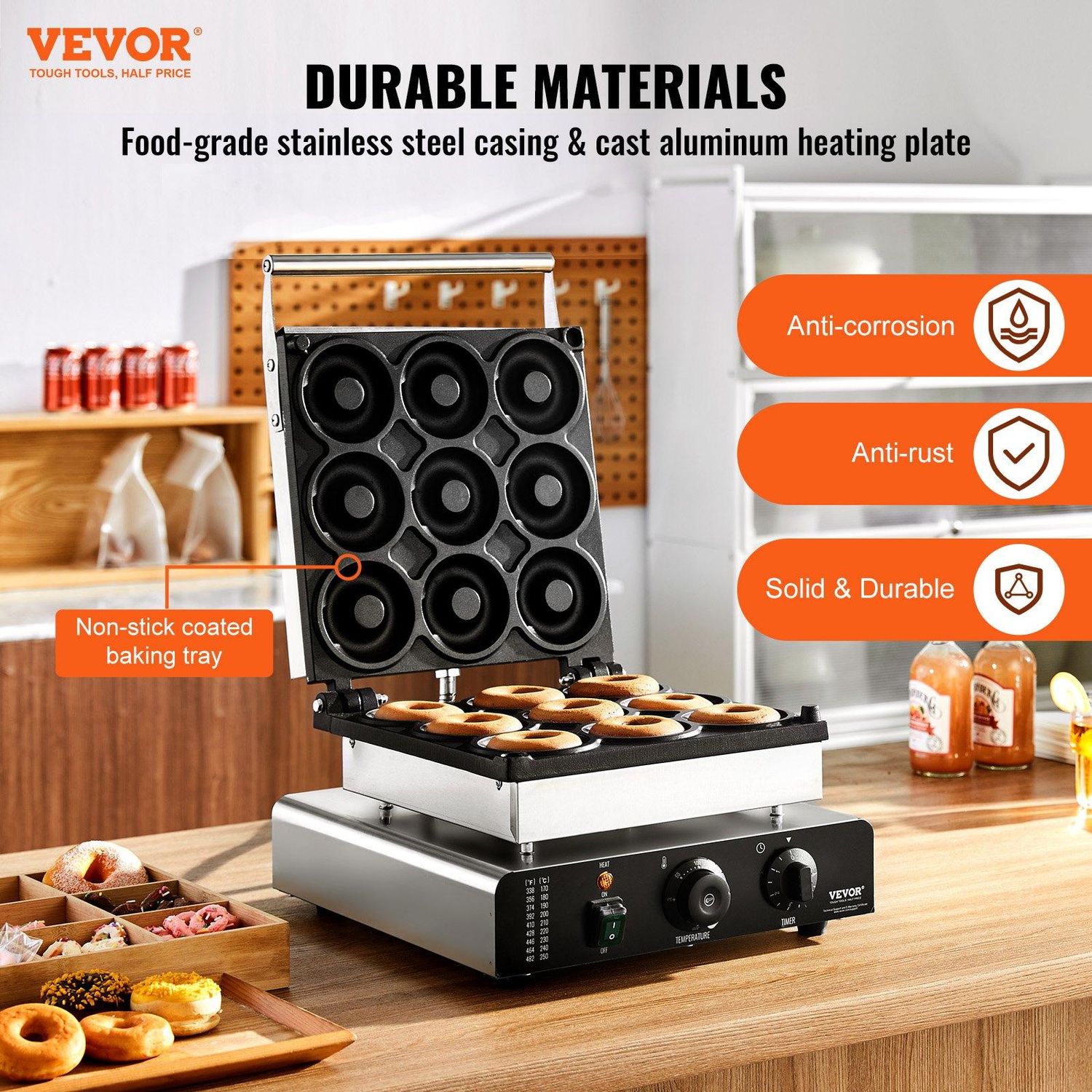 VEVOR Electric Donut Maker, 2000W Commercial Doughnut Machine with Non-stick, Doughnut Size: 90 mm