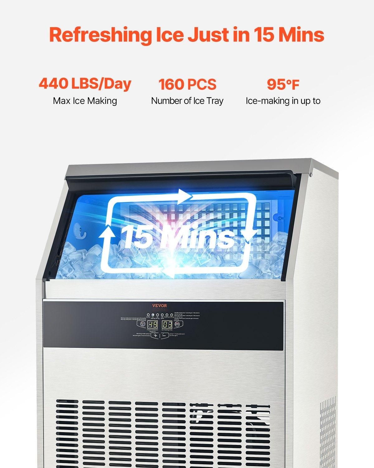 VEVOR 440lbs/24H Commercial Ice Maker, 160 Ice Cubes in 15 Minutes, Freestanding, Ice Making Capacity: 440lbs/24h