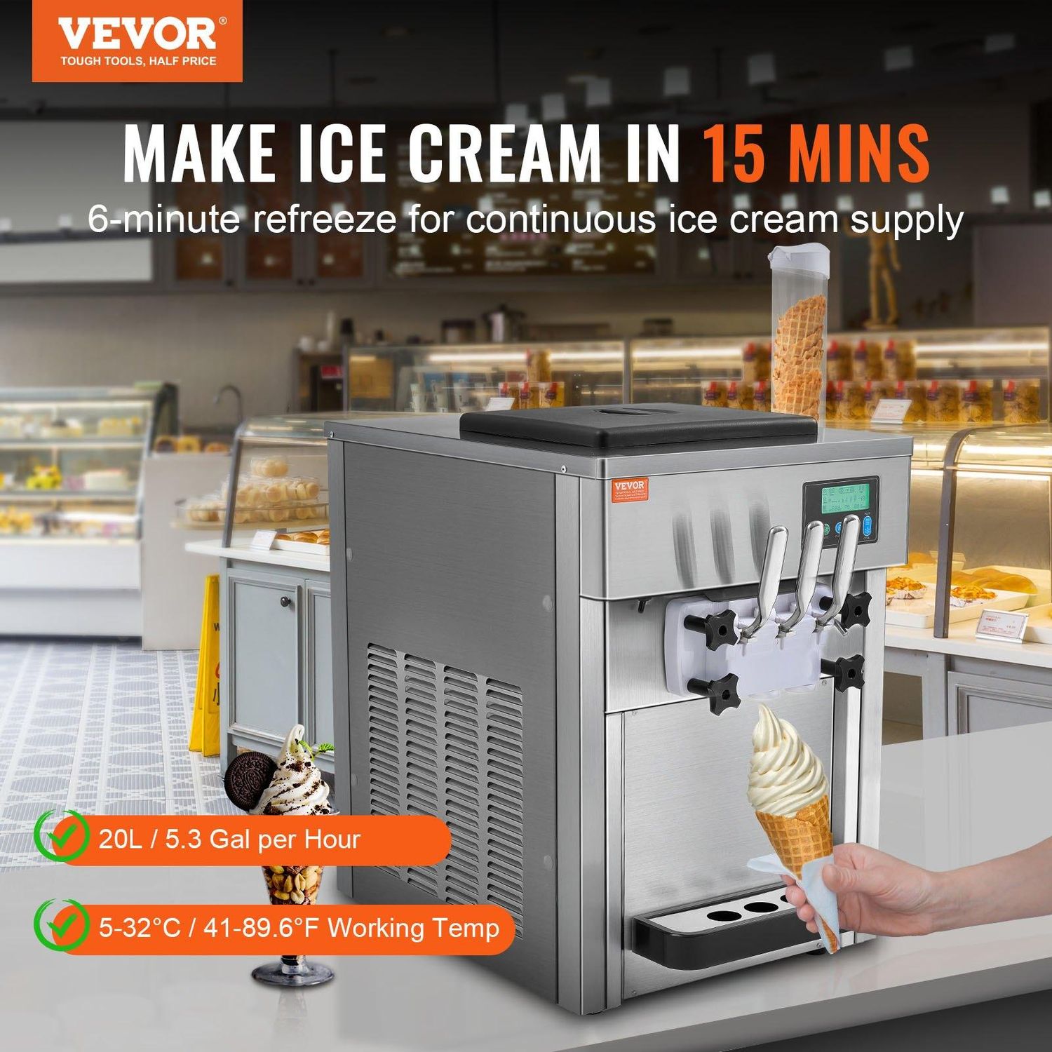 VEVOR Commercial Ice Cream Machine, 21 QT/H Yield, 1800W 3-Flavor Countertop