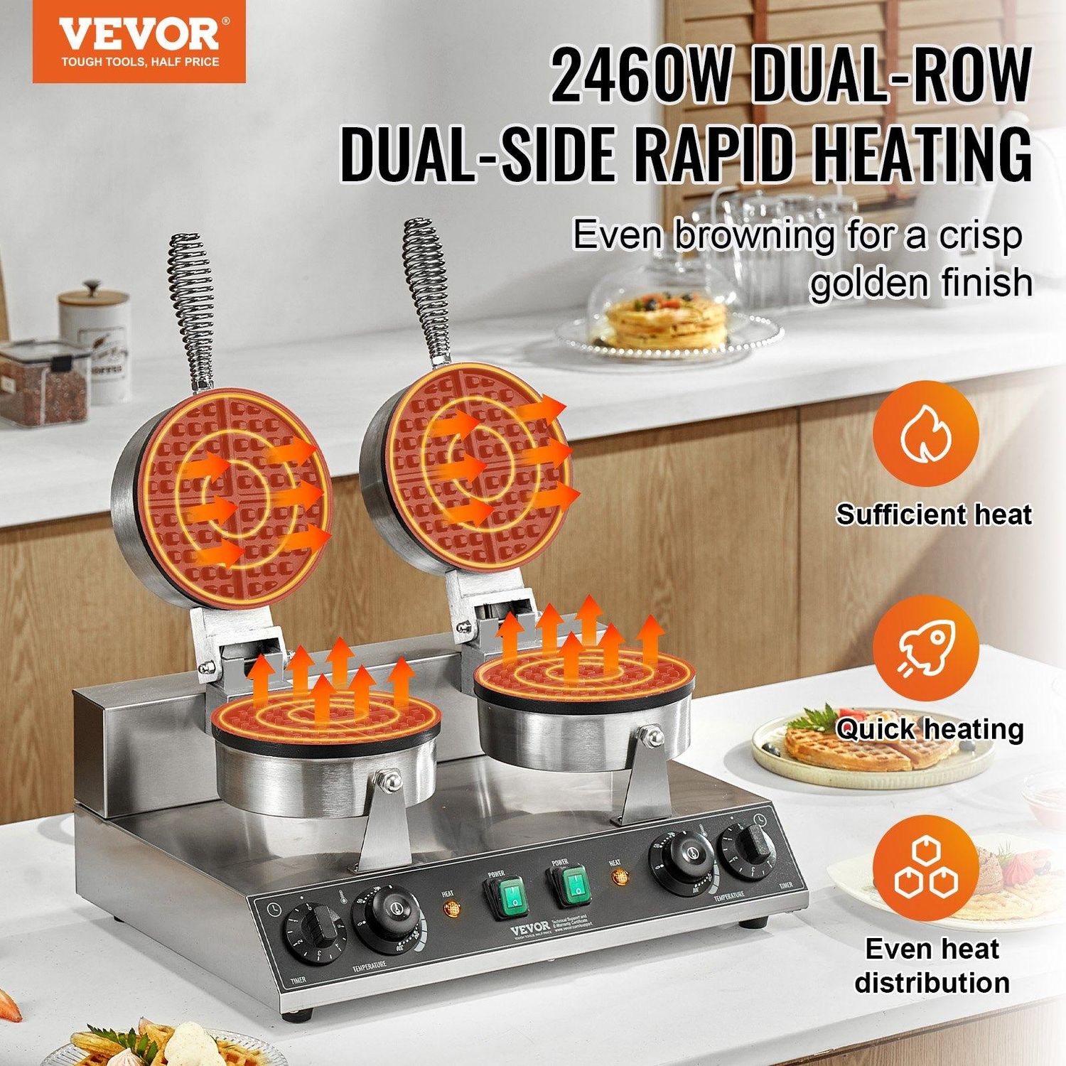 VEVOR Commercial Waffle Maker, Dual-Head Round Waffle Baker Machine, 2460W