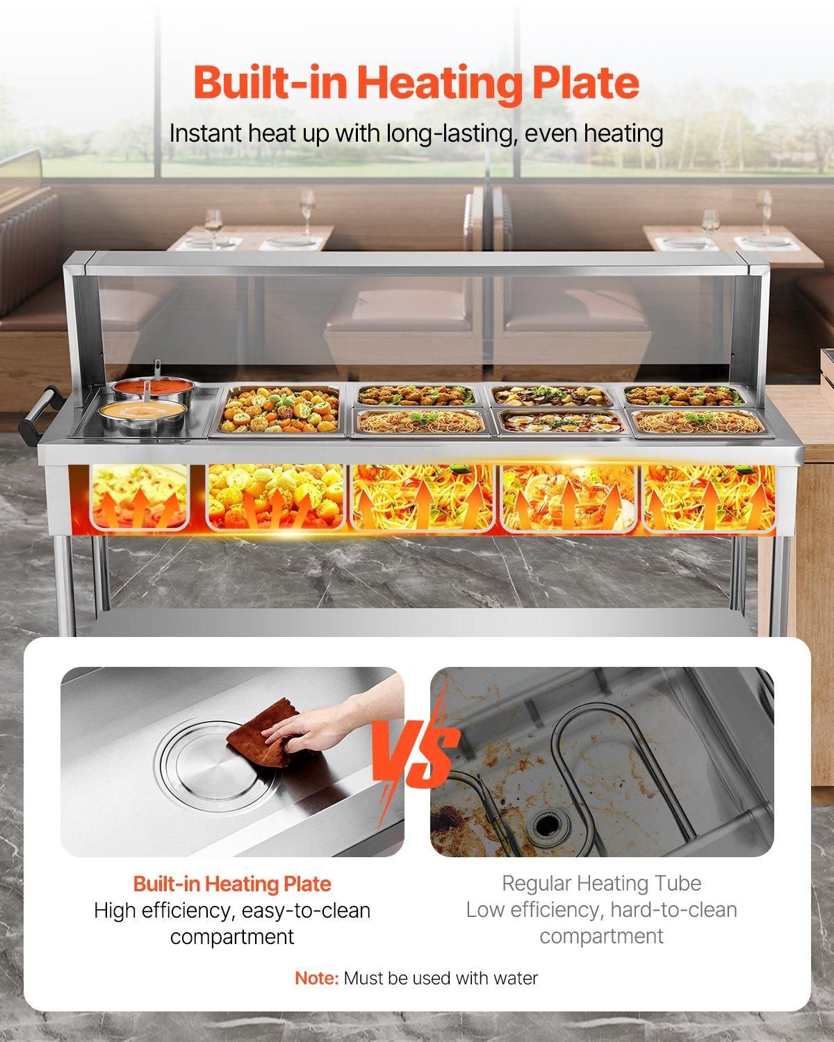 VEVOR Commercial Electric Food Warmer, 7 Pans + 2 Pots Steam Table, 1800W, Serving Tray Set: 1x1/1 Pan+6x1/2 Pans+2 Soup Pots