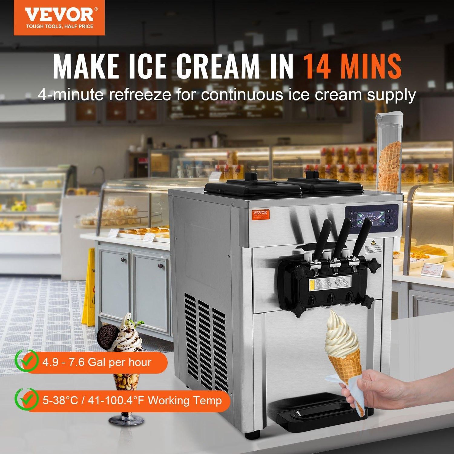 VEVOR Commercial Ice Cream Machine, 18-28 L/H Yield, 1850W 3-Flavor Countertop