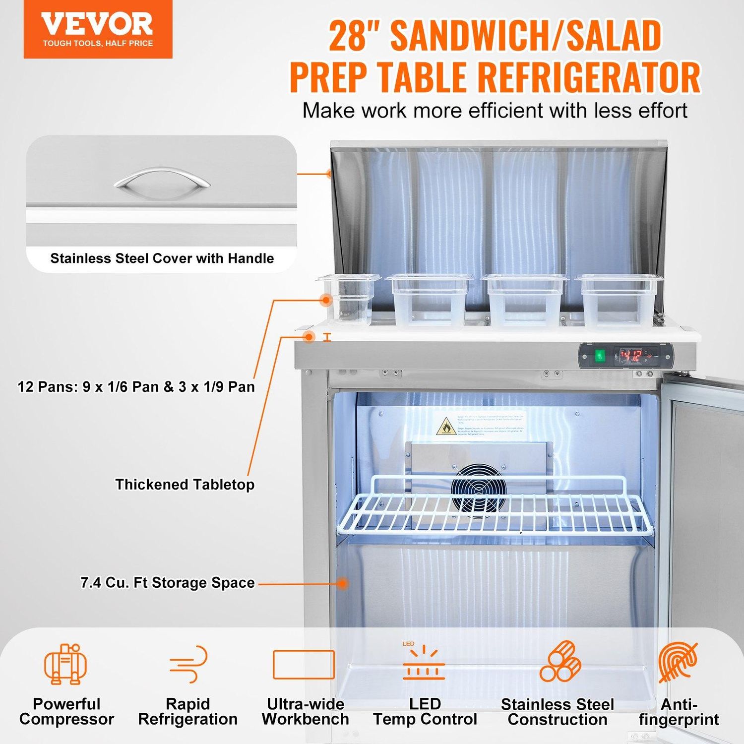VEVOR 28&quot; Commercial Refrigerator Sandwich &amp; Salad Prep Table, 7.4 Cu. Ft
