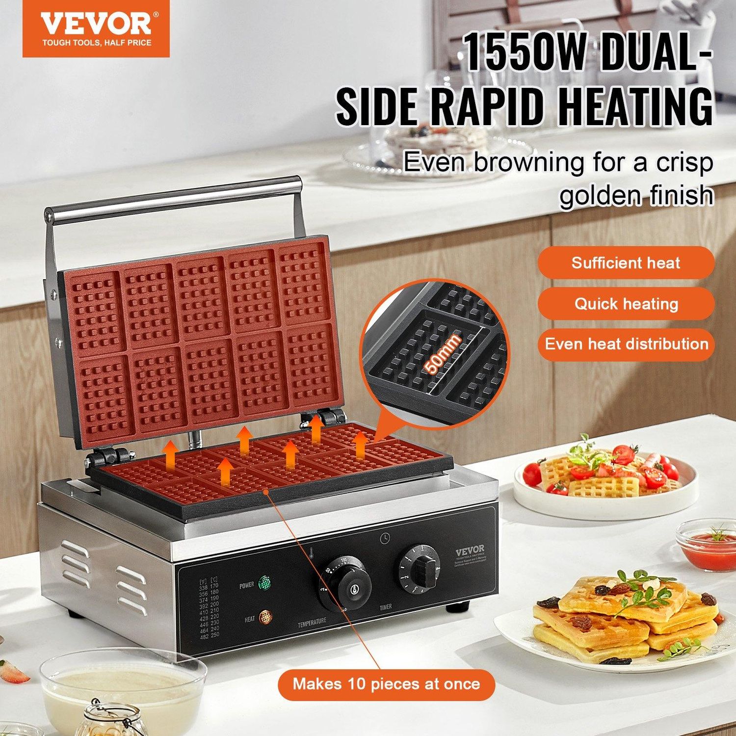 VEVOR Commercial Waffle Maker, 10PCS Rectangle Waffle Baker Machine, 1550W