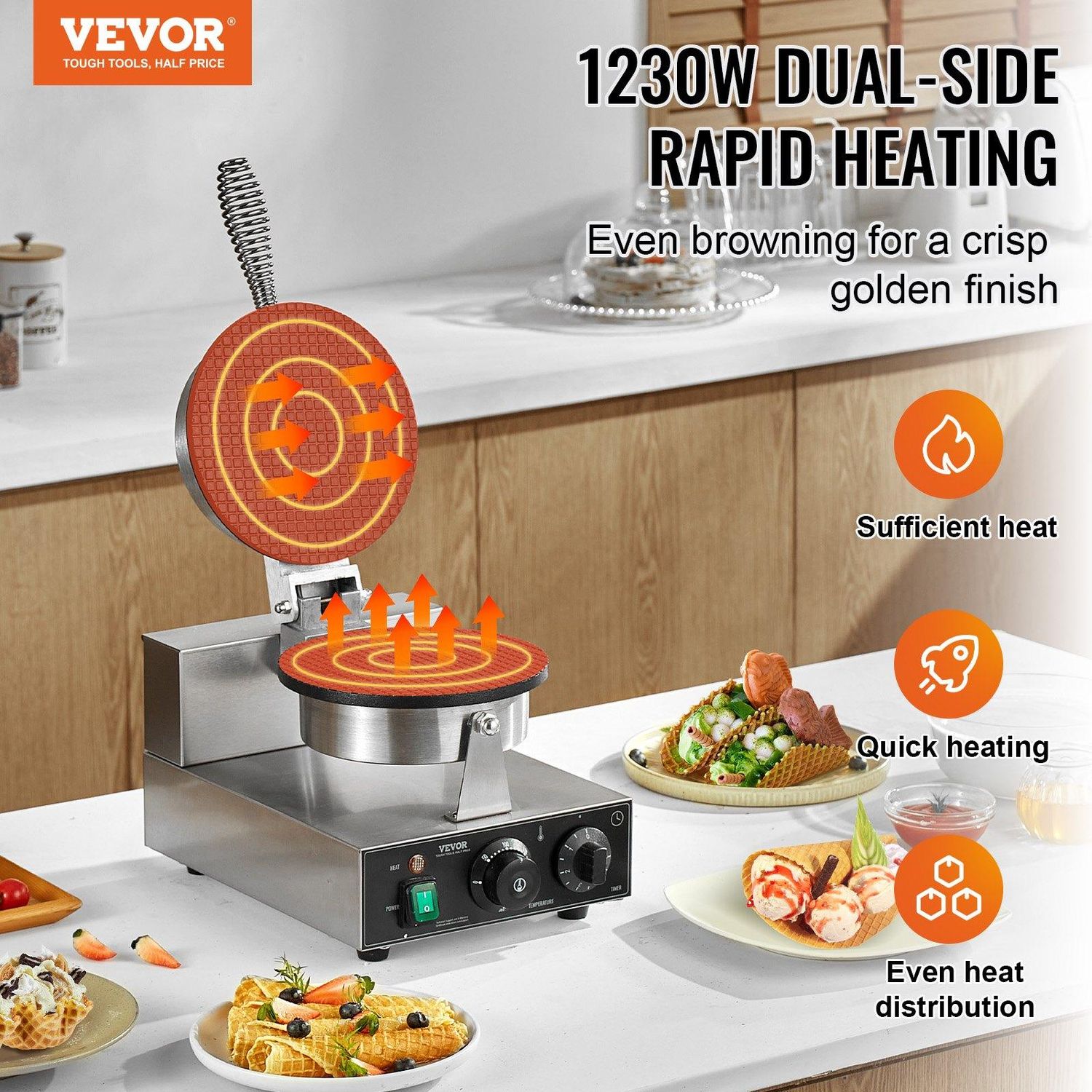 VEVOR Electric Ice Cream Cone Maker, Commercial 1230W Waffle Cone Machine