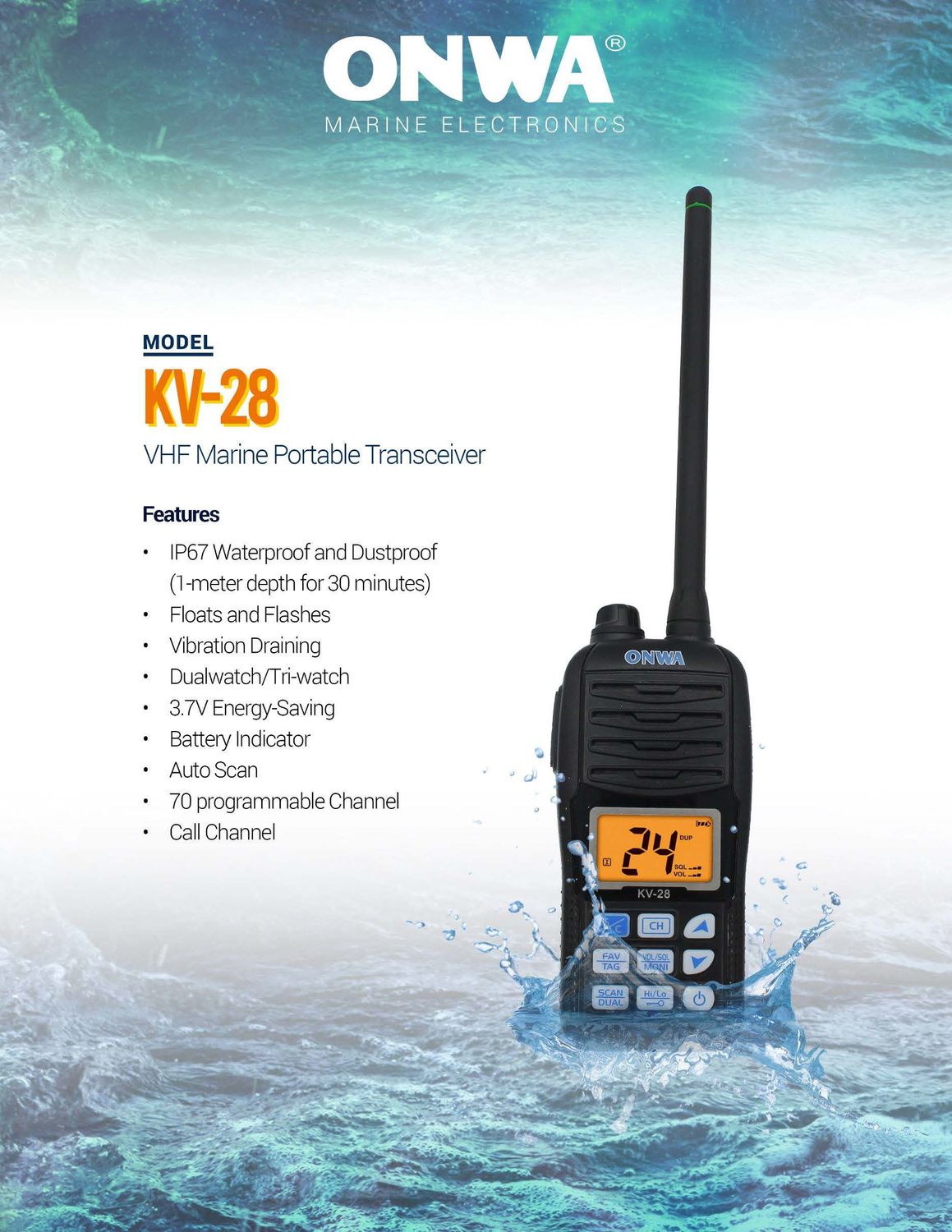 ONWA KV-28 handheld VHF marine Radio IP-67 Waterproof