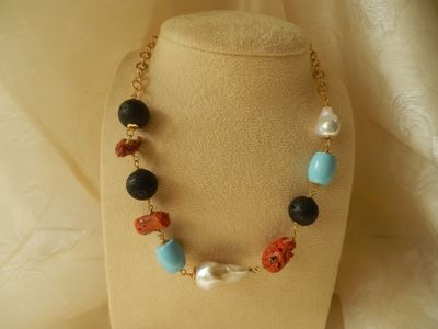 COLLIER CORALLO TURCHESE E PERLE