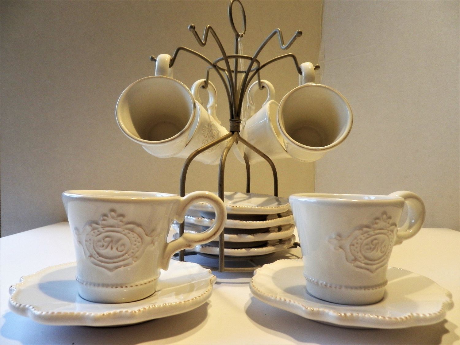 Servizio da caffè in ceramica x 6 con supporto in ferro dipinto