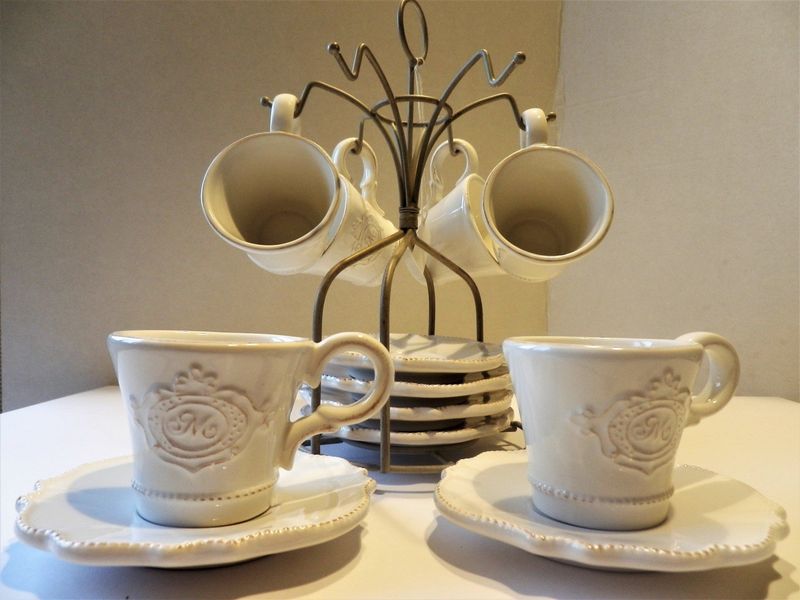 Servizio da caffè in ceramica x 6 con supporto in ferro dipinto