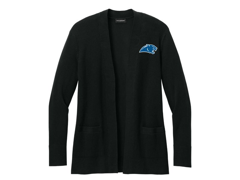 Women’s Easy Care Open-Front Cardigan Sweater with Embroidered Panther Head