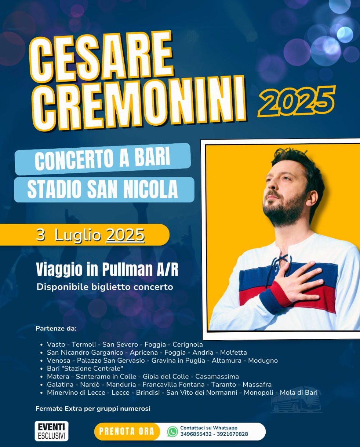 Cremonini in Concerto 🎶 &quot;3&amp;4 Luglio 2025 - Bari&quot; 🚌 Bus organizzati