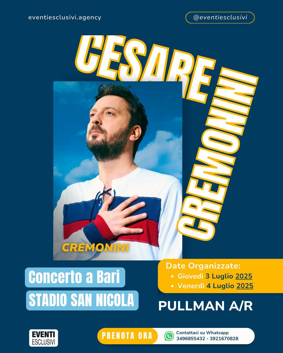 Cremonini in Concerto 🎶 &quot;3&amp;4 Luglio 2025 - Bari&quot; 🚌 Bus organizzati