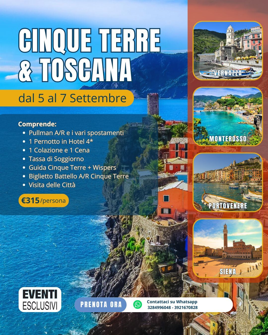 Tour Cinque Terre &amp; Siena ⛵🌼 &quot;5&amp;7 Settembre 2025&quot; 🚌 Pullman Organizzati