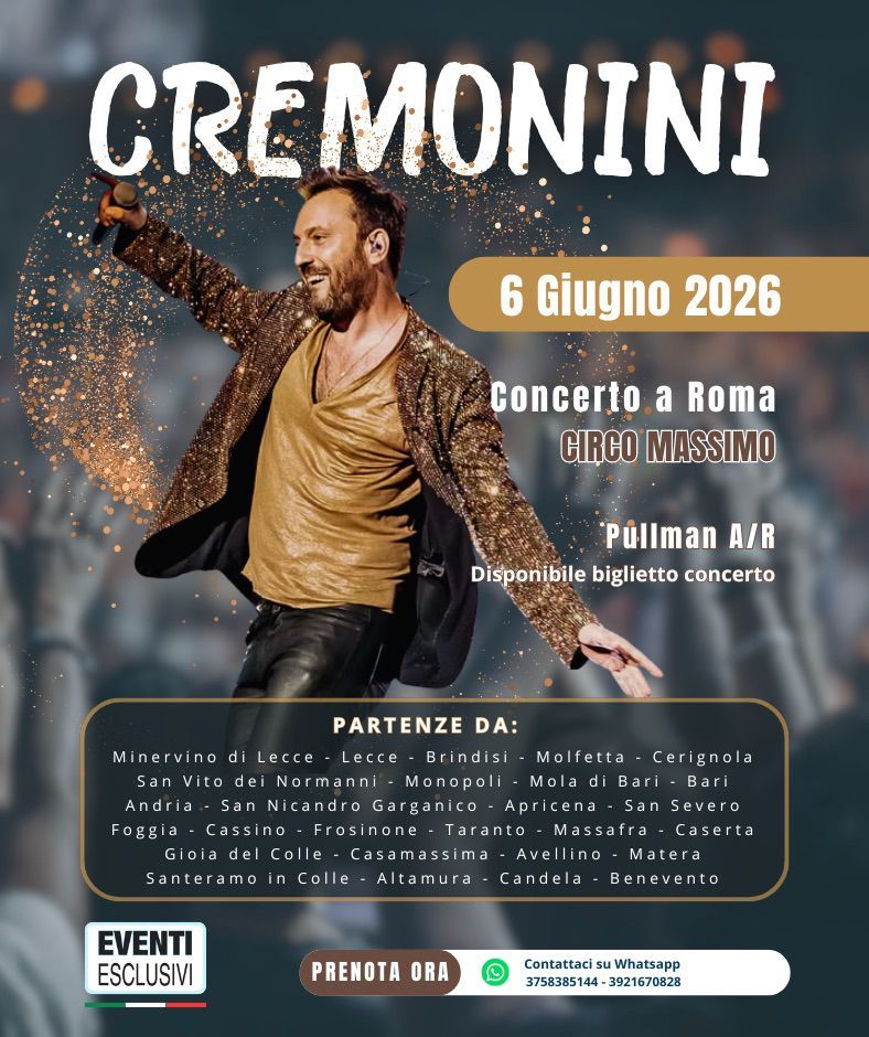 Cremonini in Concerto 🎶 &quot;6 Giugno 2026 - Roma&quot; 🚌 Bus organizzati