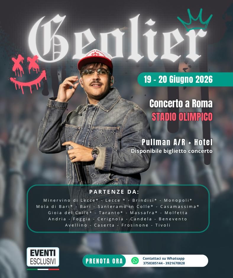Geolier Roma 2026 🎶 &quot;19&amp;20 Giugno&quot; 🚌 BUS A/R + HOTEL