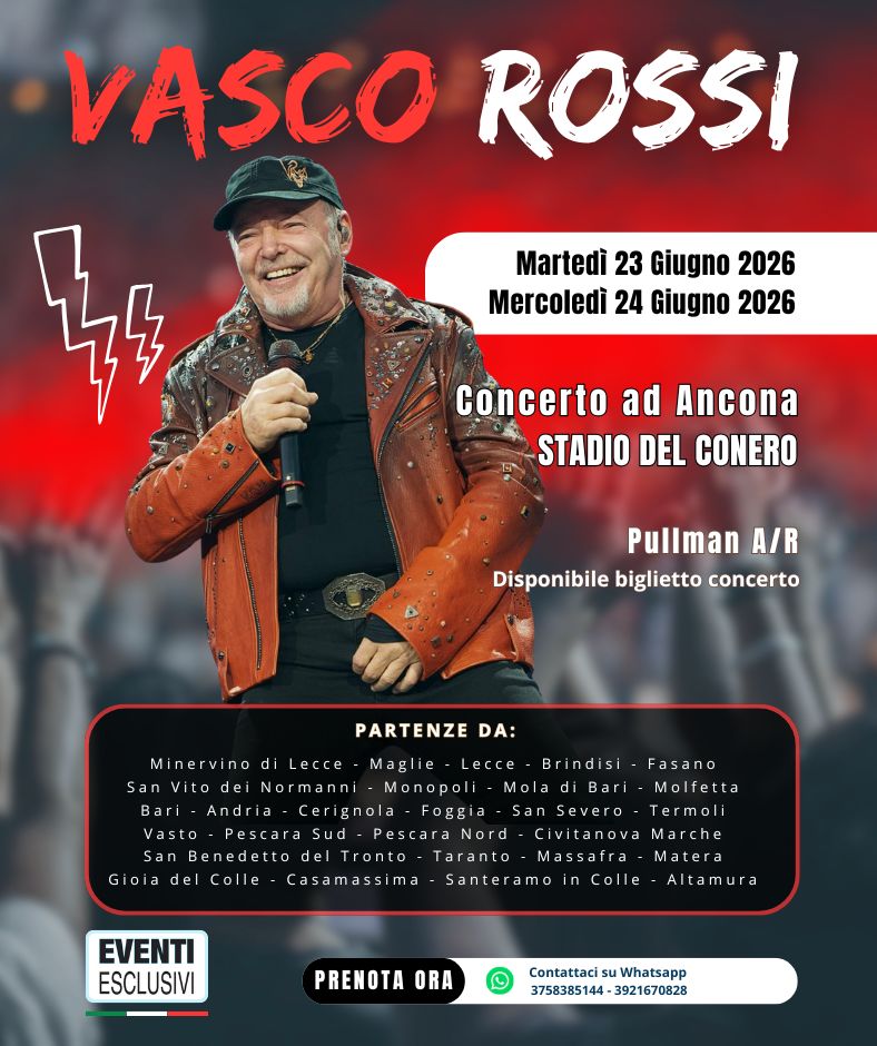 VASCO ROSSI 🎶 &quot;23&amp;24 Giugno 2026&quot; Ancona - Bus organizzati 🚌