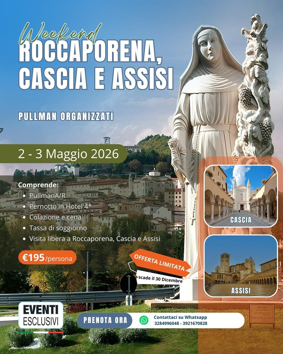 Week-end Roccaporena - Cascia - Assisi ⛪ &quot;2&amp;3 Maggio 2026&quot; 🚌 Bus Organizzati