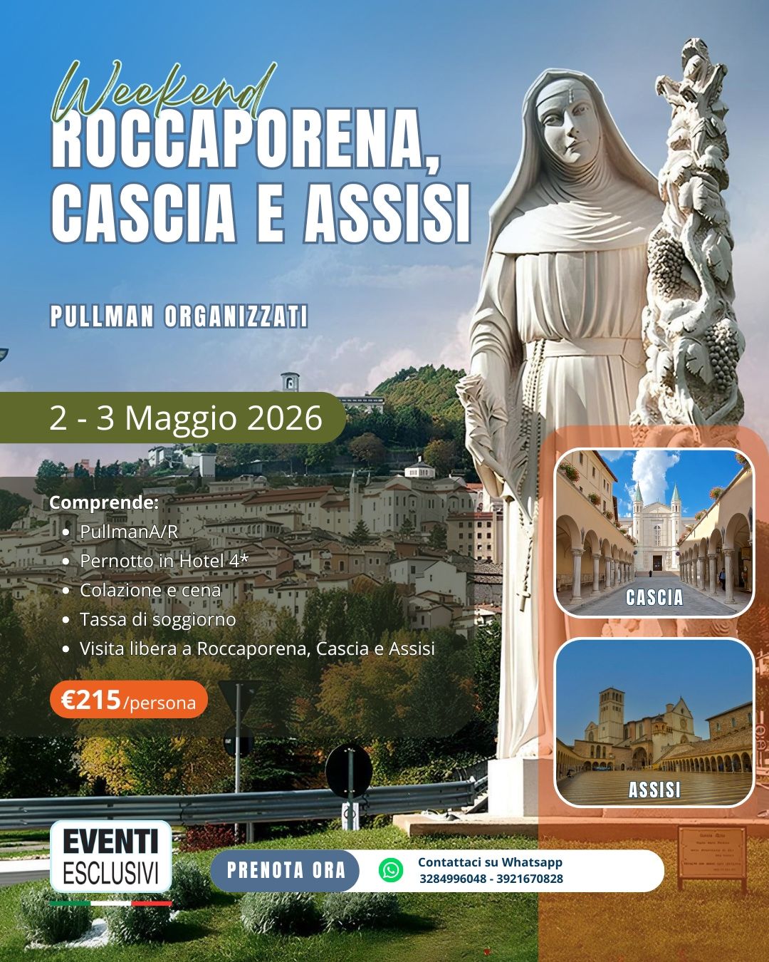 Week-end Roccaporena - Cascia - Assisi ⛪ "2&amp;3 Maggio 2026" 🚌 Bus Organizzati