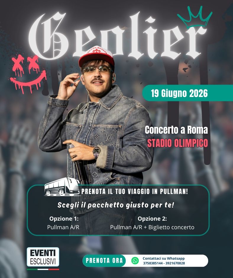 Geolier in Concerto 🎶 "Venerdì 19 Giugno 2026" Roma - Pullman Organizzati 🚌