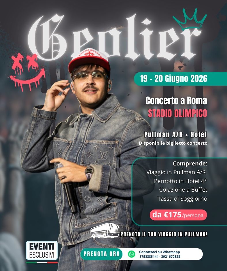 Geolier Roma 2026 🎶 "19&amp;20 Giugno" Roma - Bus a/r + Hotel 🚌