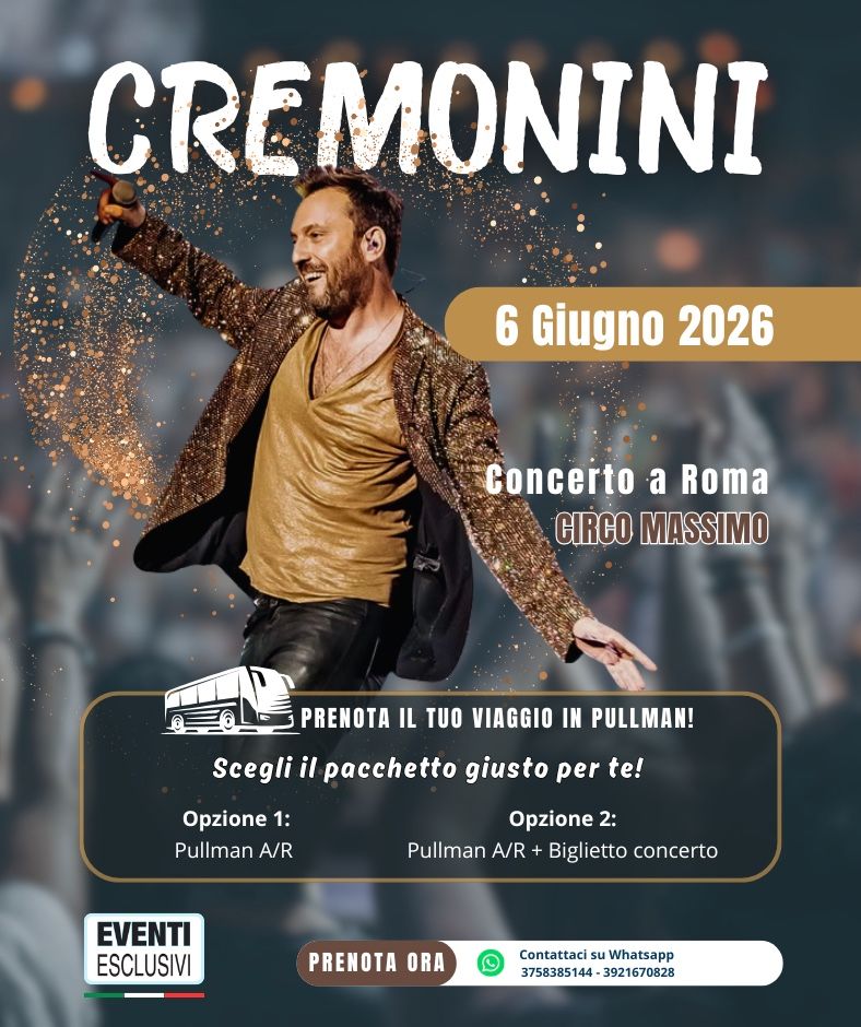 Cremonini in Concerto 🎶 "6 Giugno 2026" Roma - Bus organizzati 🚌