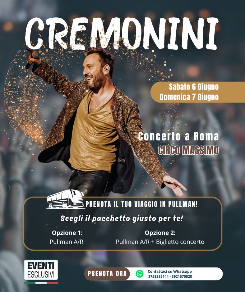 Cremonini in Concerto 🎶 "6&amp;7 Giugno 2026" Roma - Bus organizzati 🚌