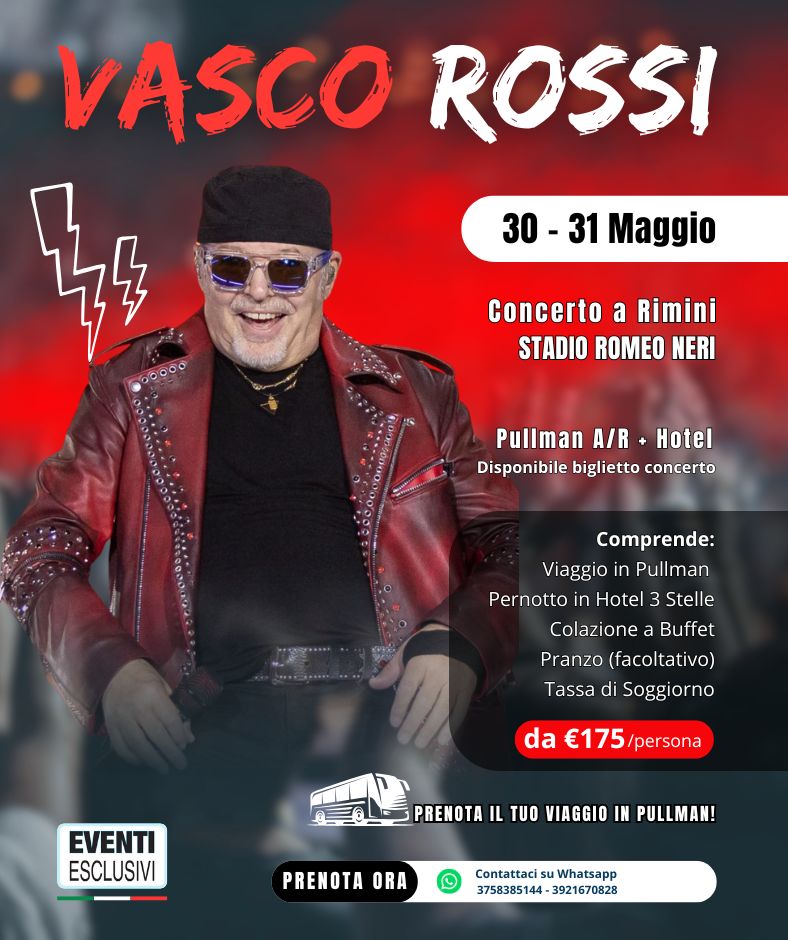 Vasco Rossi 🎶 "30&amp;31 Maggio 2026 - Rimini" 🚌 Bus A/R + Hotel