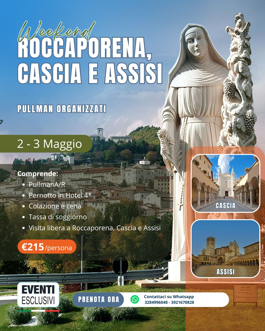 Week-end Roccaporena - Cascia - Assisi ⛪ "2&amp;3 Maggio 2026" 🚌 Bus Organizzati