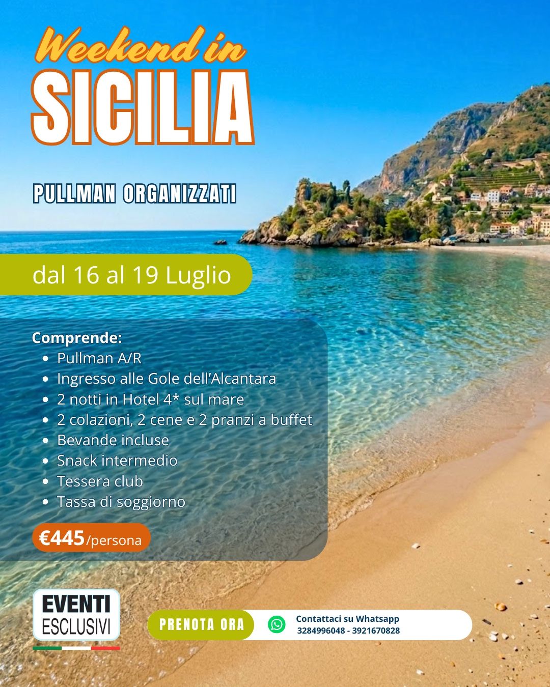 Week-end in Sicilia 🏝️☀️ "dal 16 al 19 Luglio 2026" 🚌 Pullman Organizzati
